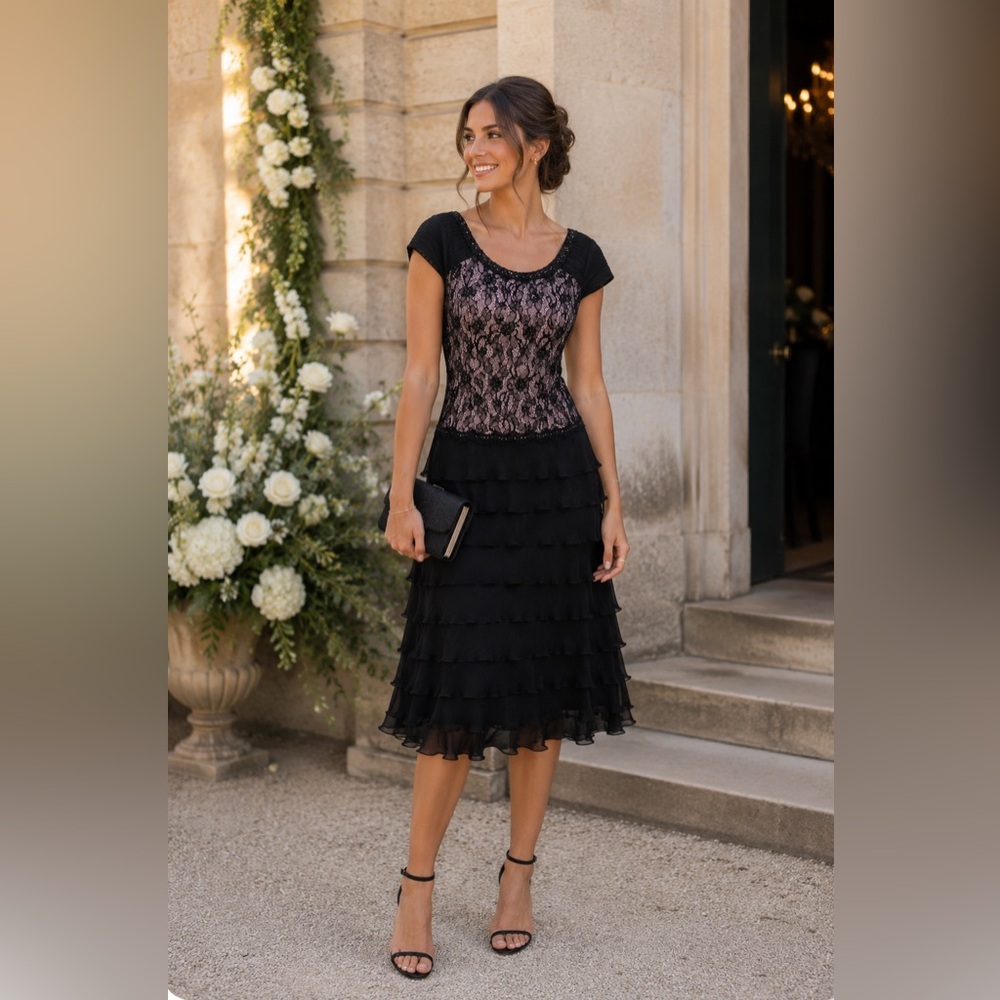 Tadashi Shoji 100% Silk Beaded Black/Purple Tiered Lace‎ Ruffle MIDI Dress